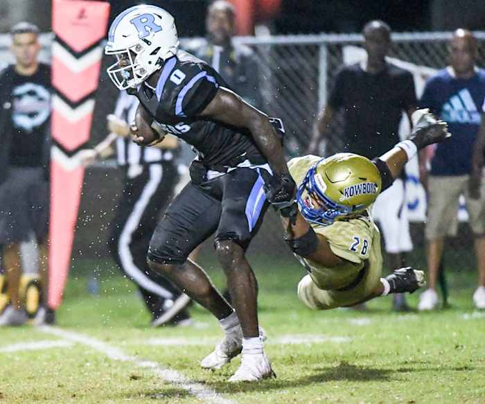 Jaylen Hayward of Rockledge shakes the tackle of Osceola tackler Elijah Melendez doing their game Friday, September 23, 2022